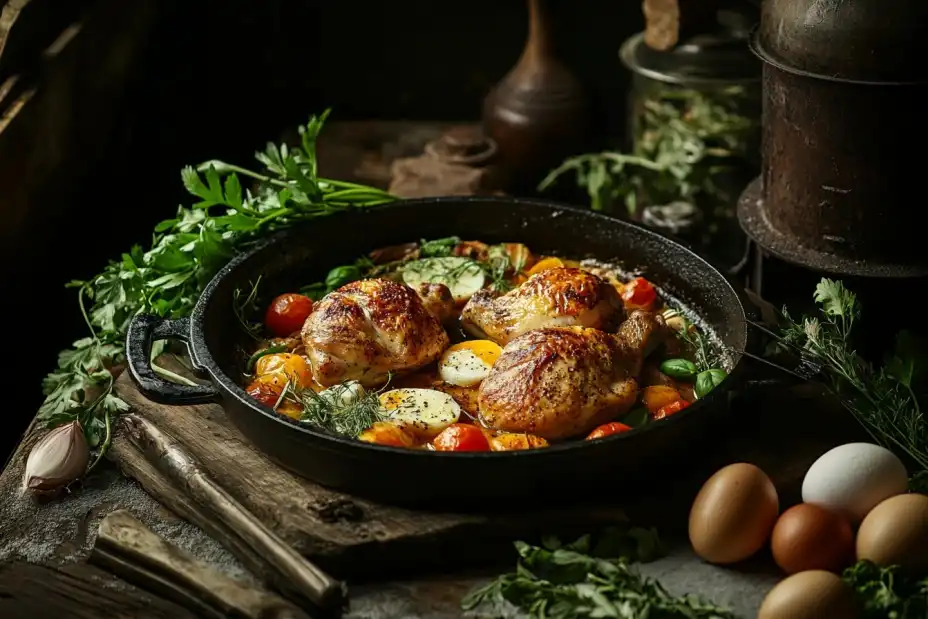 A gourmet chicken and egg dish styled on a rustic table.