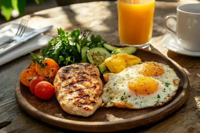 Grilled chicken breakfast with eggs and vegetables