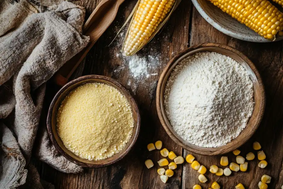 Cornmeal and cornstarch comparison on a wooden table with bowls and corn kernels.