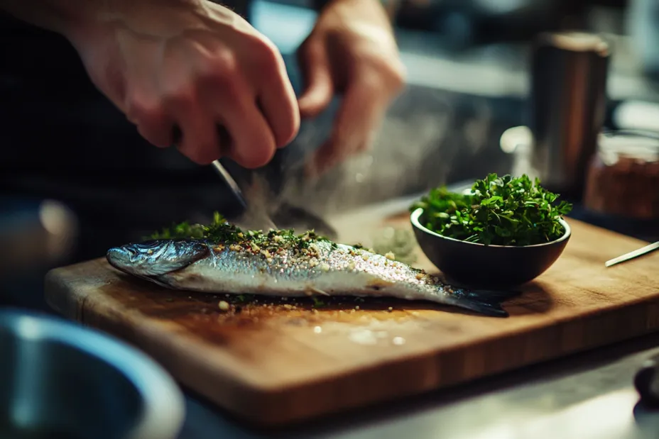 Fresh herring being prepared on a wooden cutting board with a knife, seasoning, and herbs in a rustic kitchen setting.