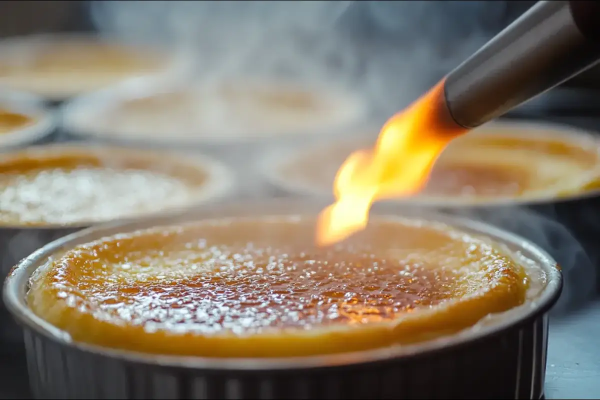 Kitchen torch caramelizing sugar on crème brûlée, forming a golden crust with steam rising from the dessert.