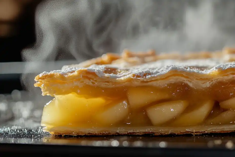 A close-up of an apple pie slice showing a thick filling achieved with cornstarch.