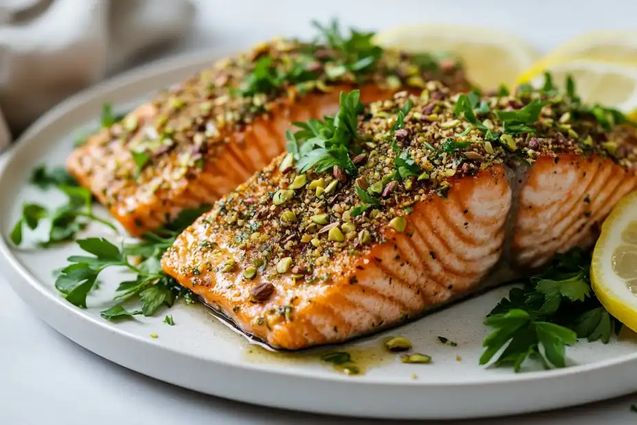 Pistachio-crusted salmon with herbs and lemon