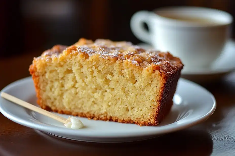 Slice of moist banana bread with a toothpick for doneness.