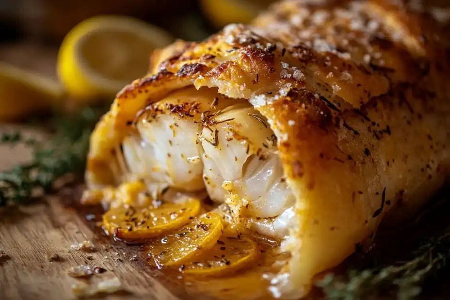 Whole fish baked in a salt crust with lemon and herbs.