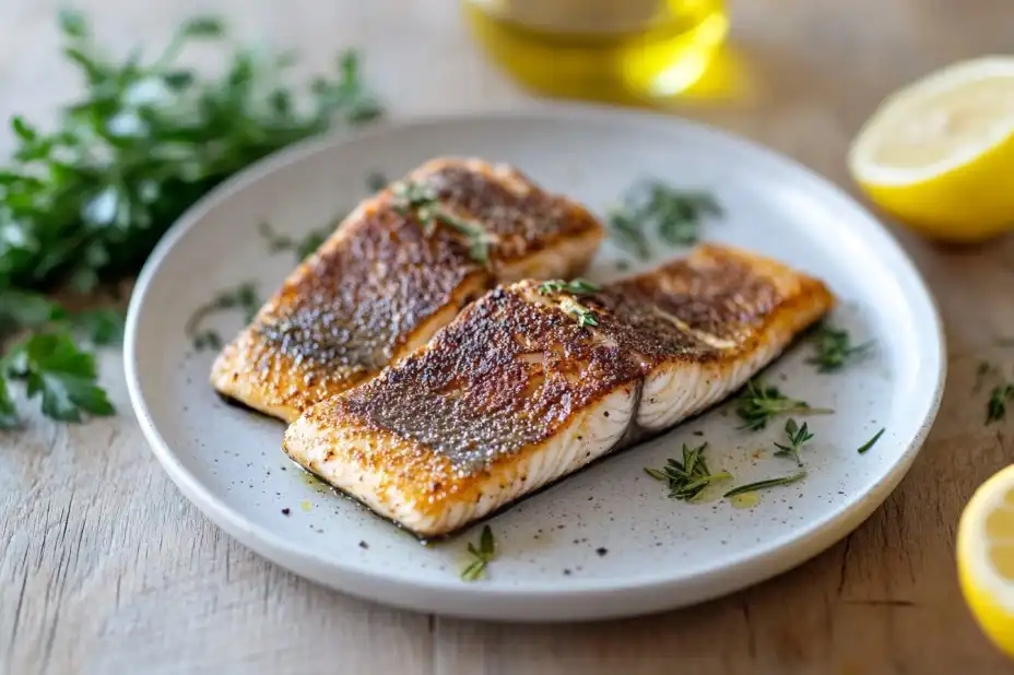 Crispy branzino skin flakes on a plate with fresh herbs and lemon wedges.