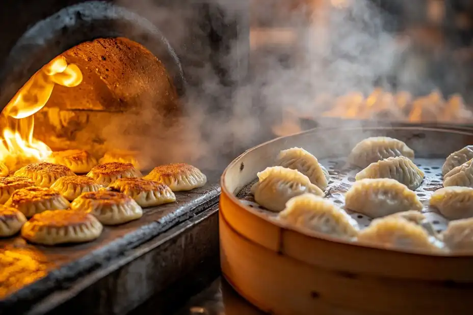 Empanadas baking in an oven and dumplings steaming in a bamboo steamer.