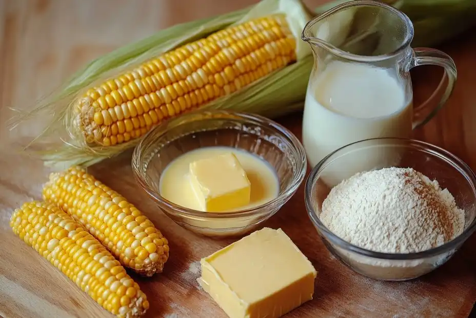 Ingredients for making corn pudding on a wooden countertop.