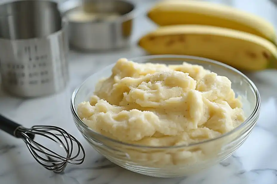 Close-up of mashed bananas in a bowl with a whisk.