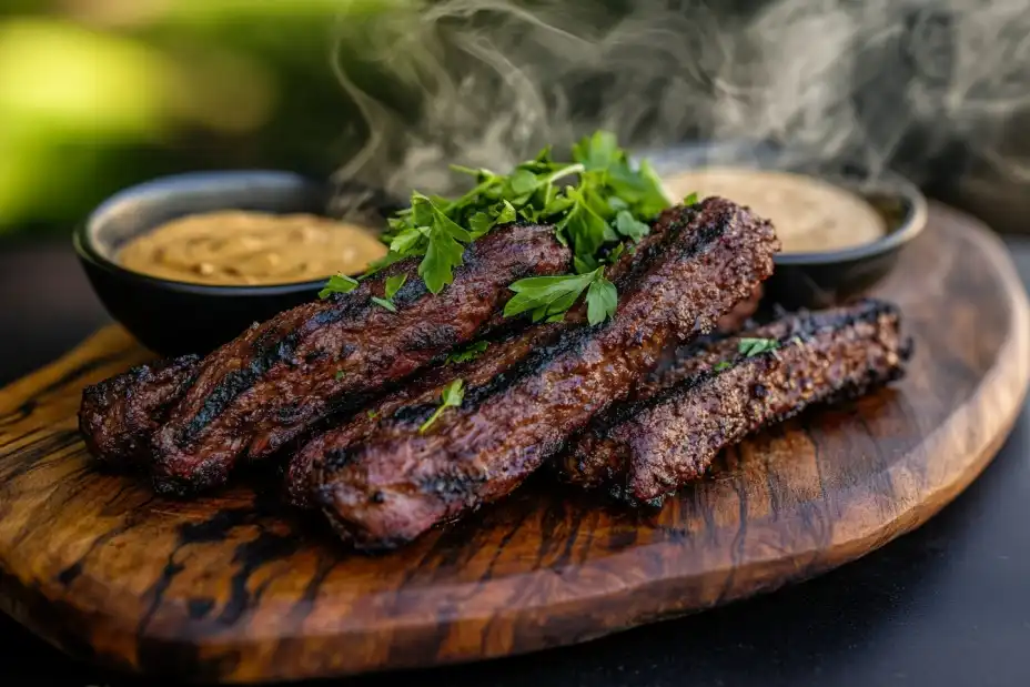 Grilled beef fingers on a wooden platter with garnishes.