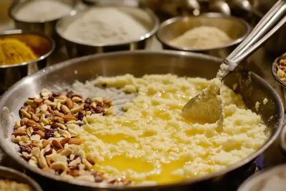 Close-up of Parsad preparation with ingredients.