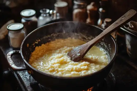 Roasting cream of wheat in ghee in a heavy-bottomed pot, with sugar, cardamom, and raisins in the background.