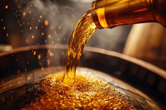 Whiskey pouring from a copper still into an oak barrel