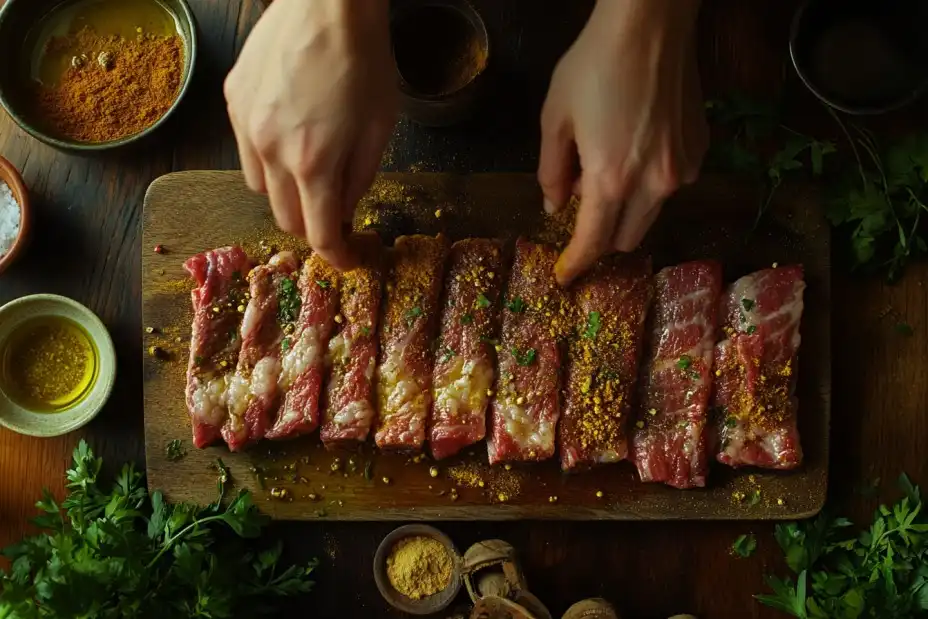 Close-up of seasoning beef finger ribs with spices and herbs.