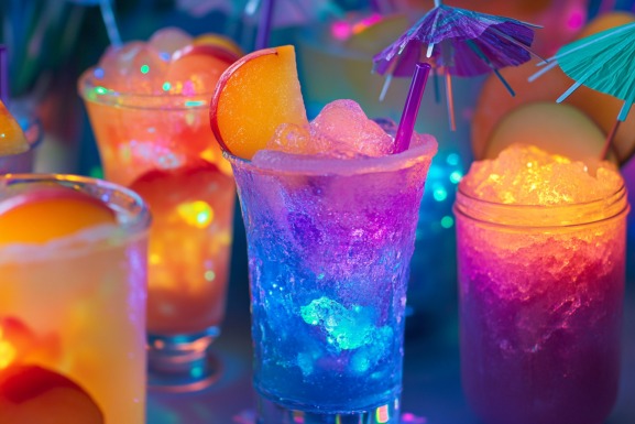 Creative Vegas Bomb presentations: slushies, Jello shots, and glowing LED glasses.