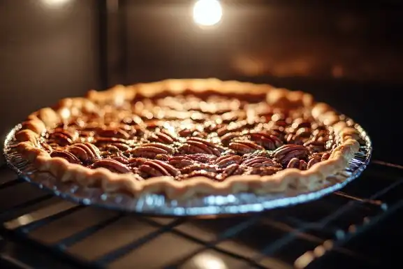 A pecan pie baking in the oven with foil shields protecting the crust edges.