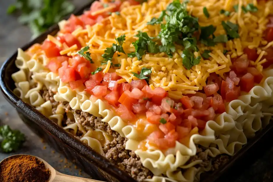 Layering taco lasagna with noodles, beef, tomatoes, and cheese.