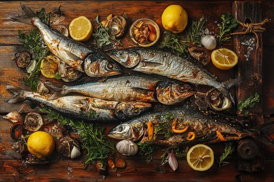 A collection of different types of herring, including fresh, smoked, and pickled varieties, displayed with garnishes like lemon slices and herbs.