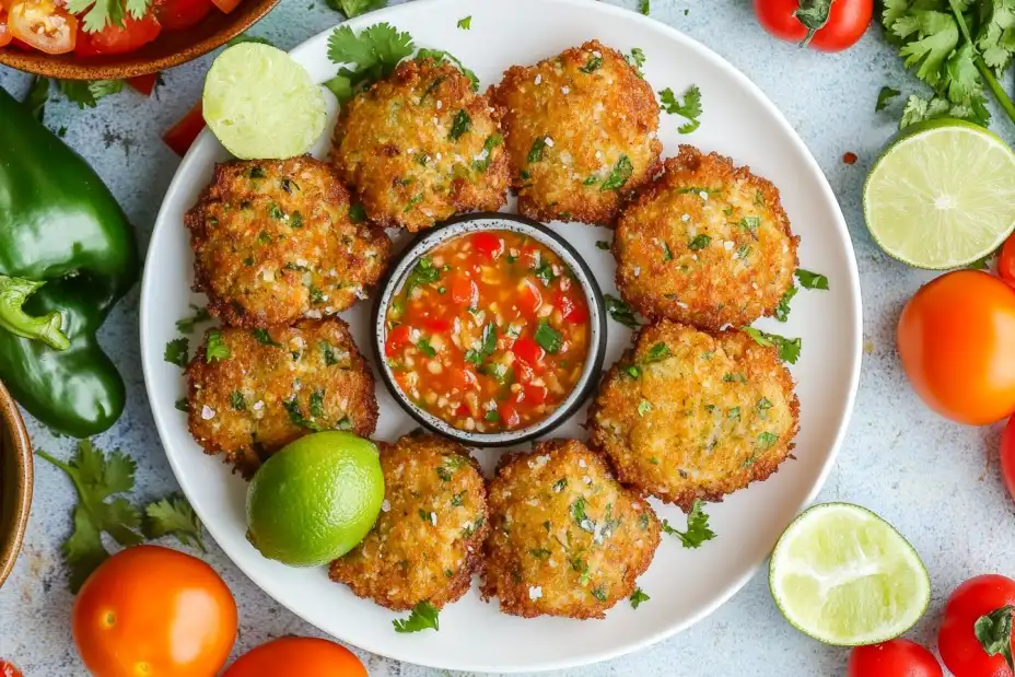 Saltfish fritters with dipping sauce and tropical garnishes