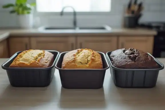 Comparison of loaf pans for banana bread: metal, glass, and silicone.