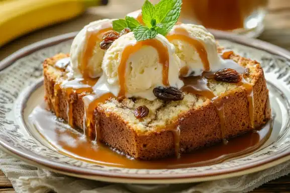 Dessert-style banana raisin bread with ice cream and caramel