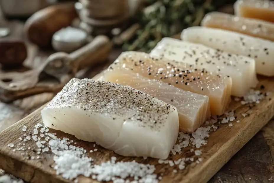 Salt-cured fish varieties on a wooden board