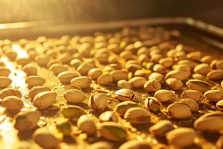 Close-up of roasted pistachios on a baking sheet.