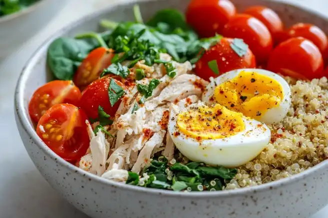 Breakfast bowl with shredded chicken, quinoa, and vegetables