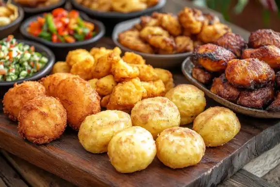 Jamaican fried dumplings and festival dumplings served with jerk chicken.