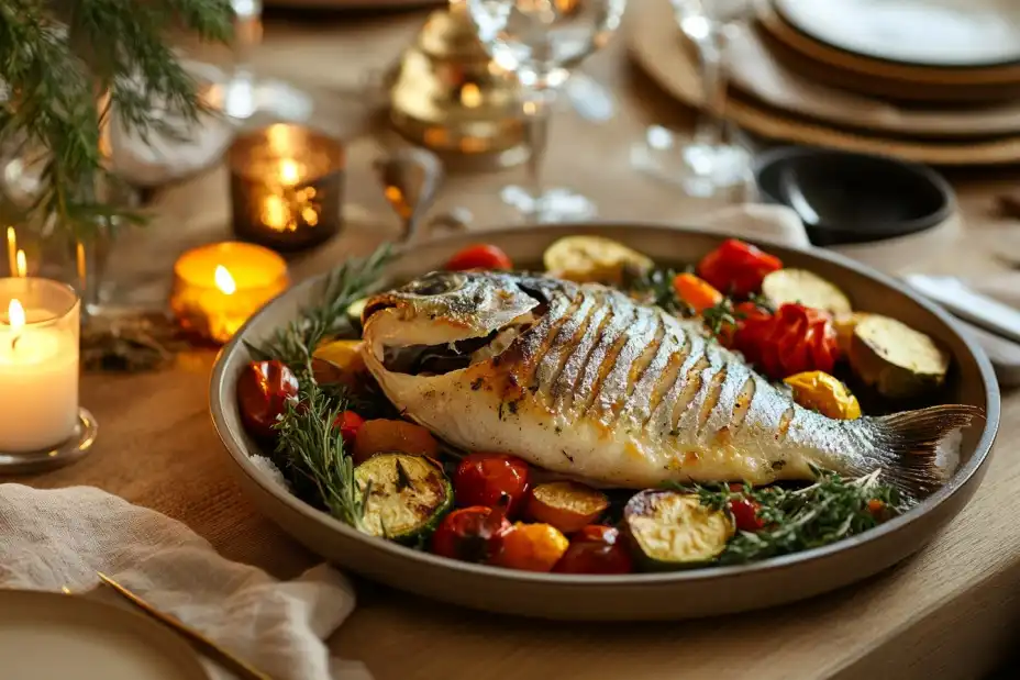 A festive dinner table with a salt-baked fish centerpiece.