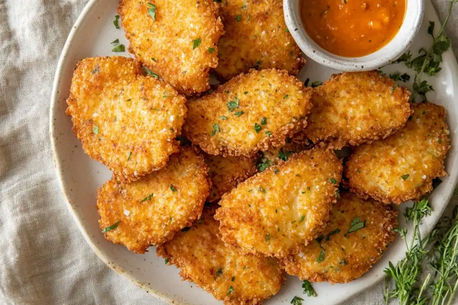 Golden saltfish fritters with dipping sauce and herbs.