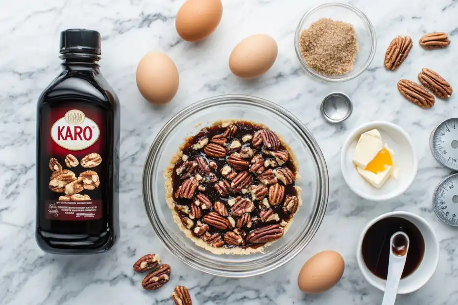 Ingredients for Karo pecan pie including Karo syrup, eggs, butter, sugar, vanilla, and pecans.