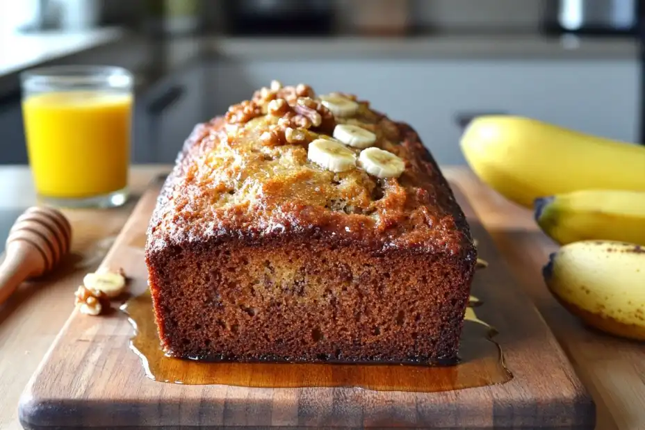 Fresh banana bread with ripe bananas and walnuts on a wooden board.