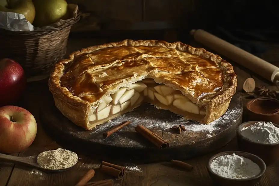 Freshly baked apple pie with a thick filling made with cornstarch, surrounded by baking ingredients.