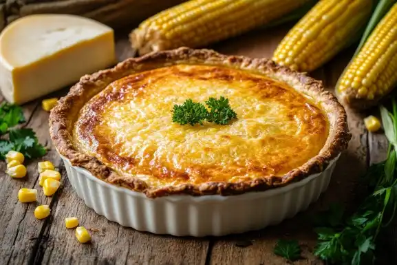 Freshly baked corn pie with a golden crust in a ceramic dish.