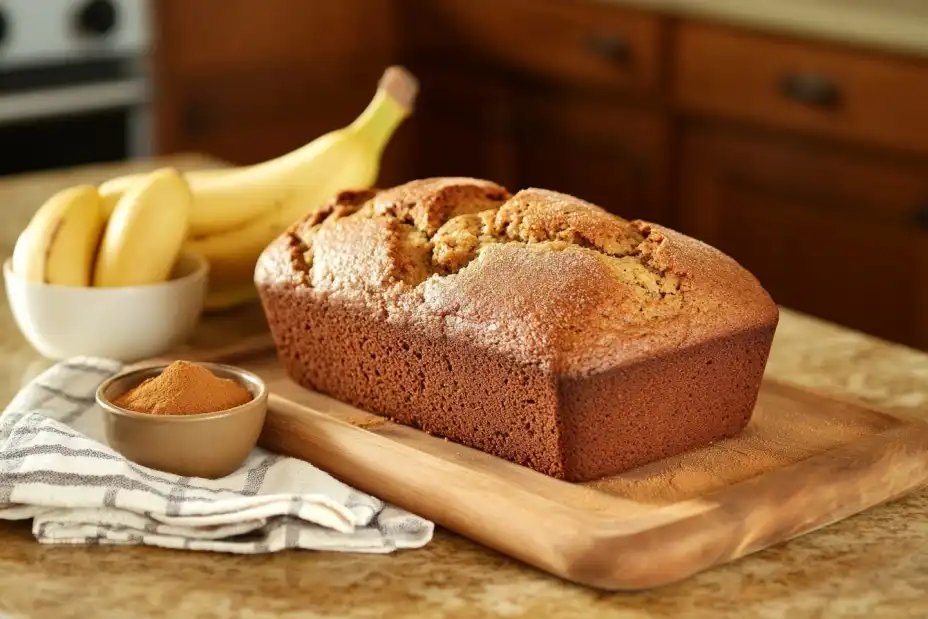 Freshly baked banana bread with ripe bananas and cinnamon on a rustic board.