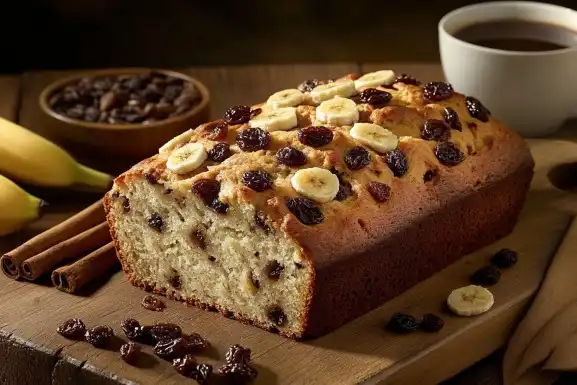 Freshly baked banana raisin bread on a wooden board