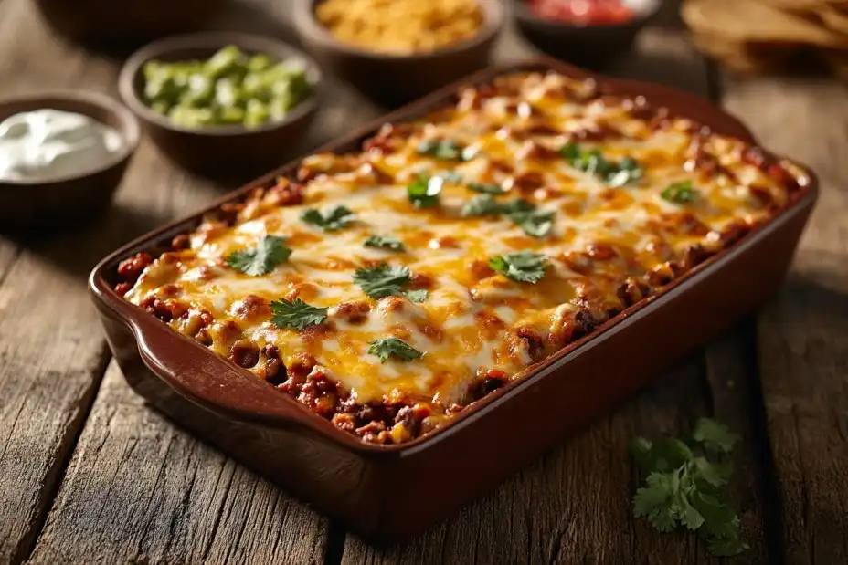 Golden baked taco lasagna in a casserole dish with toppings.