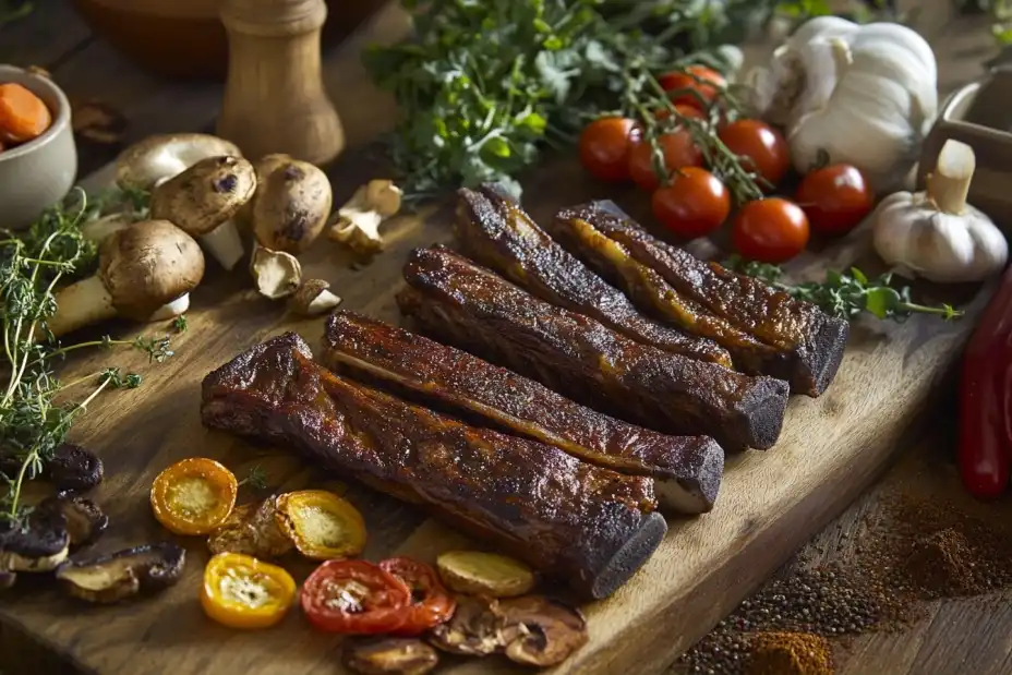 Various substitutes for beef finger meat displayed on a wooden board.