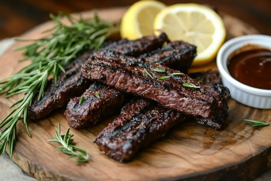 Grilled beef fingers on a wooden platter with rosemary and lemon.