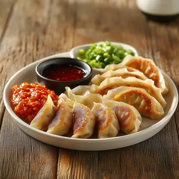 Crispy fried dumplings sizzling in a skillet.