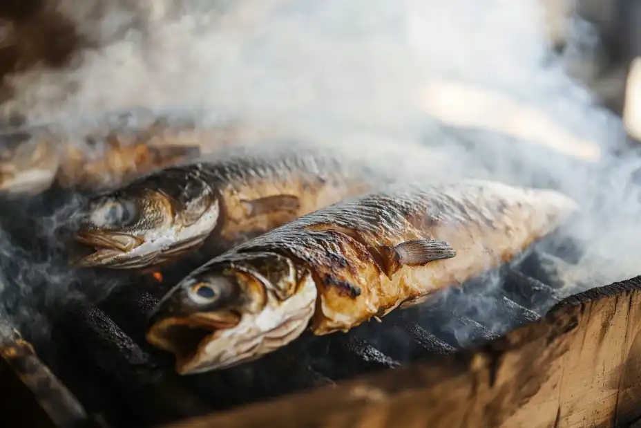 Herring being hot-smoked on a grill, surrounded by rising smoke and heat, highlighting the smoking process.