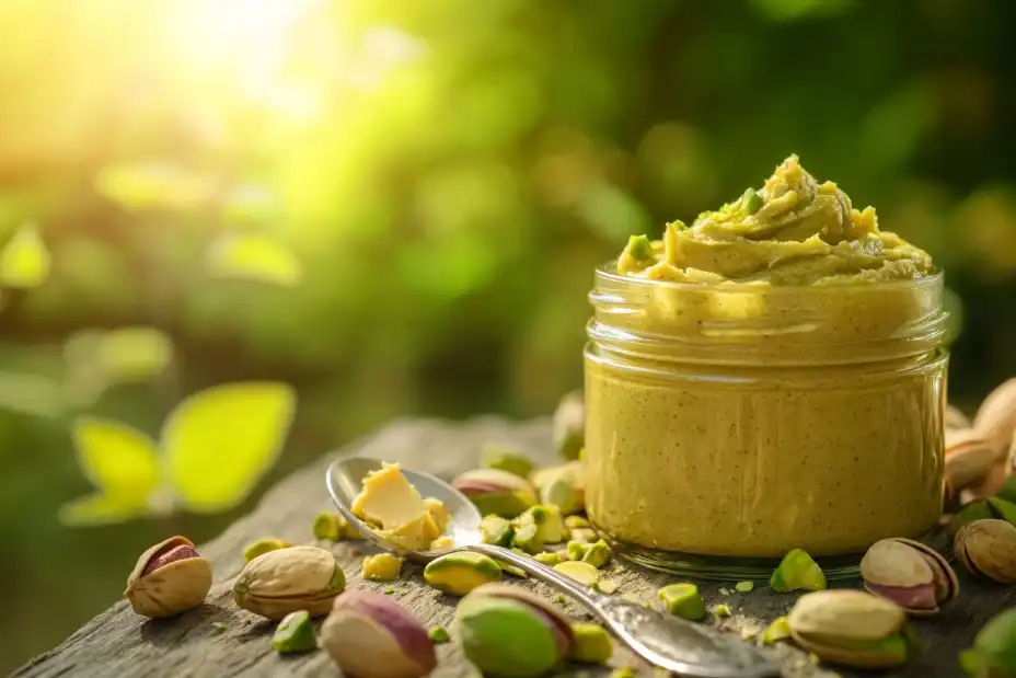 Jar of pistachio butter with shelled pistachios.