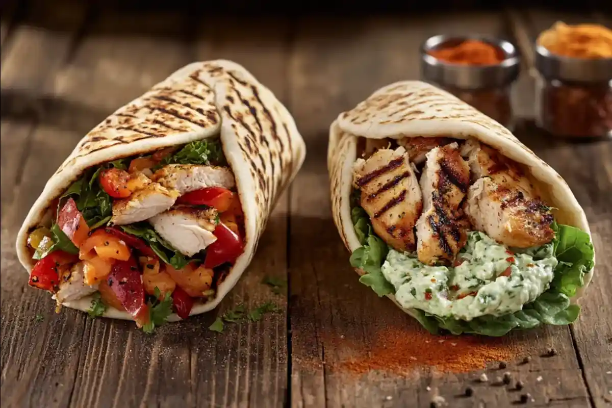 A chicken gyro wrap and a chicken pita sandwich side by side, highlighting their differences.