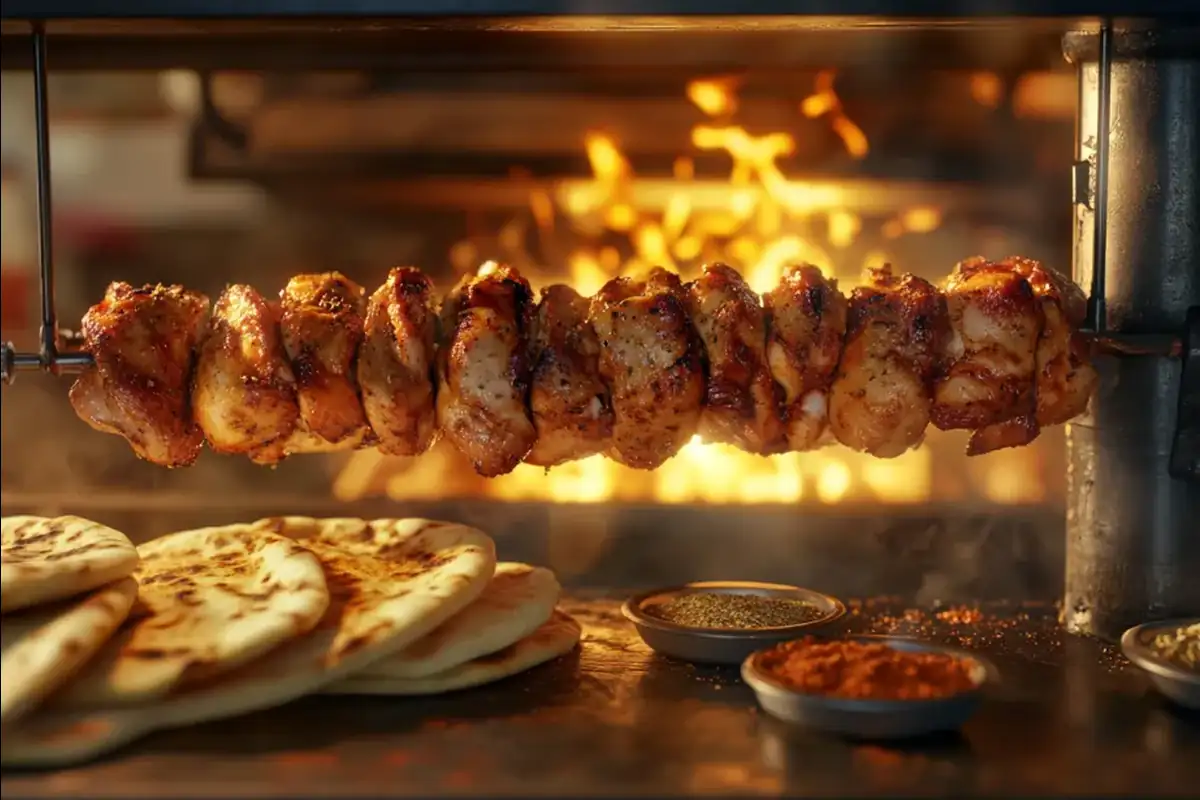 Chicken gyro meat on a vertical rotisserie with spices and pita bread nearby.