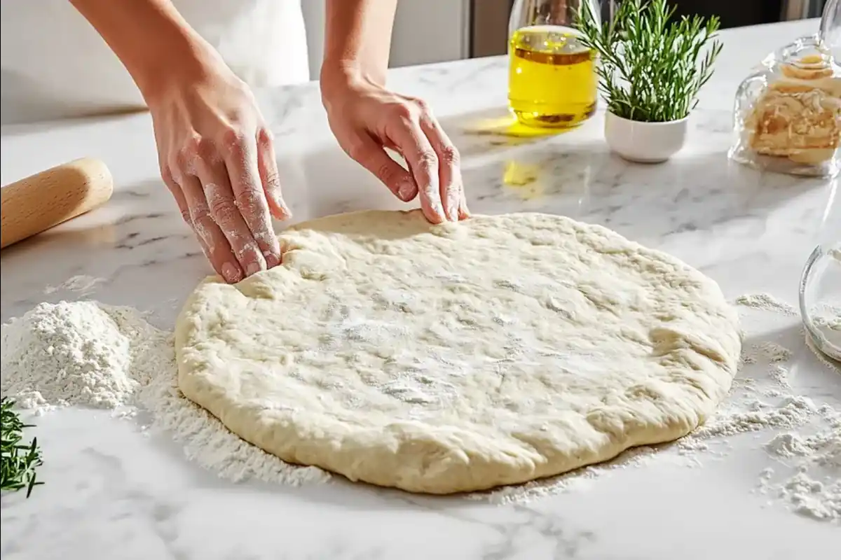 Hands preparing homemade flatbread dough for wraps.