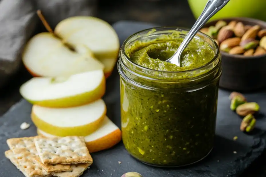 Pistachio butter jar with apple slices and crackers