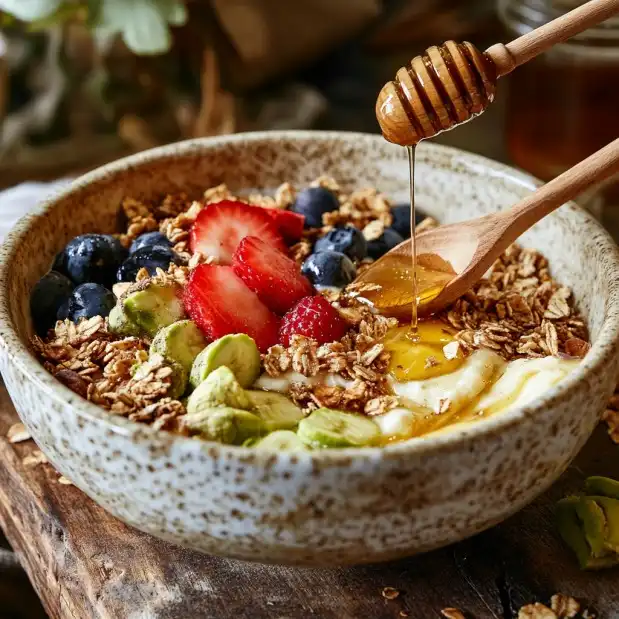 Pistachio butter in a smoothie bowl with fruits and granola.