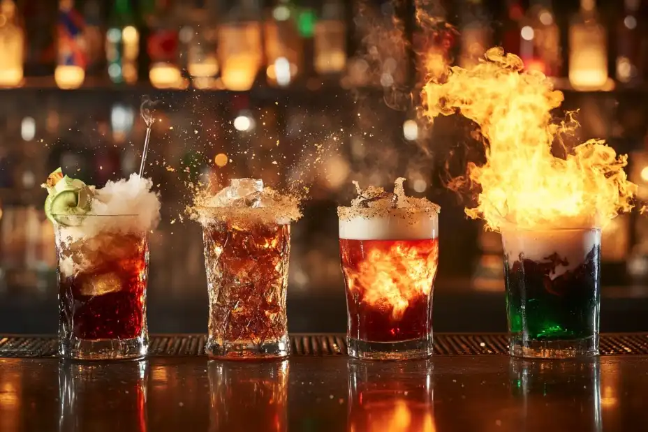 Four popular bomb drinks: Jägerbomb, Irish Car Bomb, Sake Bomb, and Flaming Dr. Pepper.