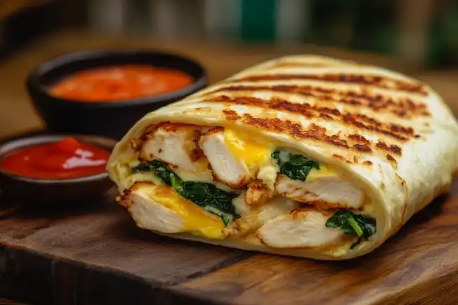 Chicken and egg breakfast wrap with spinach and cheese